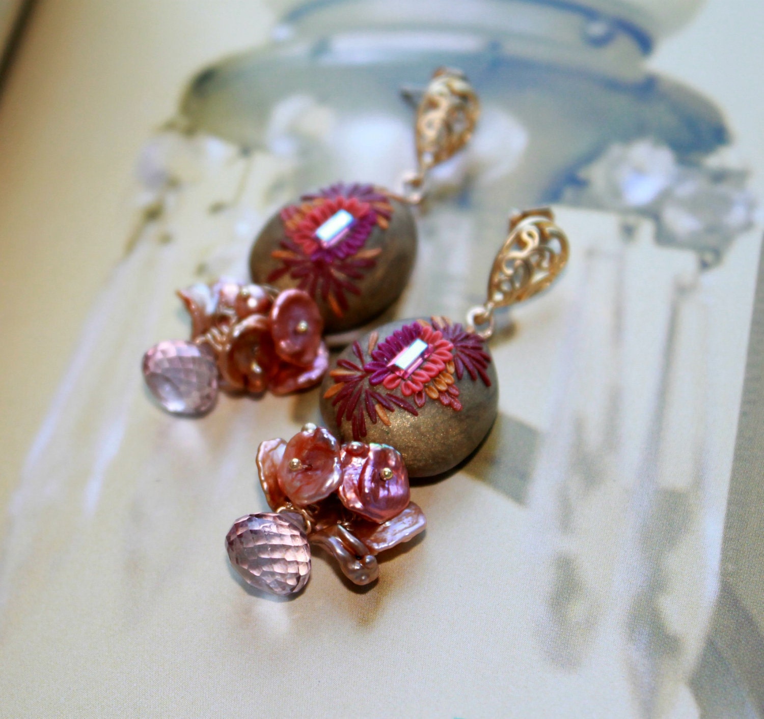 Pink Mystic Quartz with gold and Champagne Keishi pearls and swarowski rhinestone clay earrings in Gold fill and 24k vermeil - She Blushed