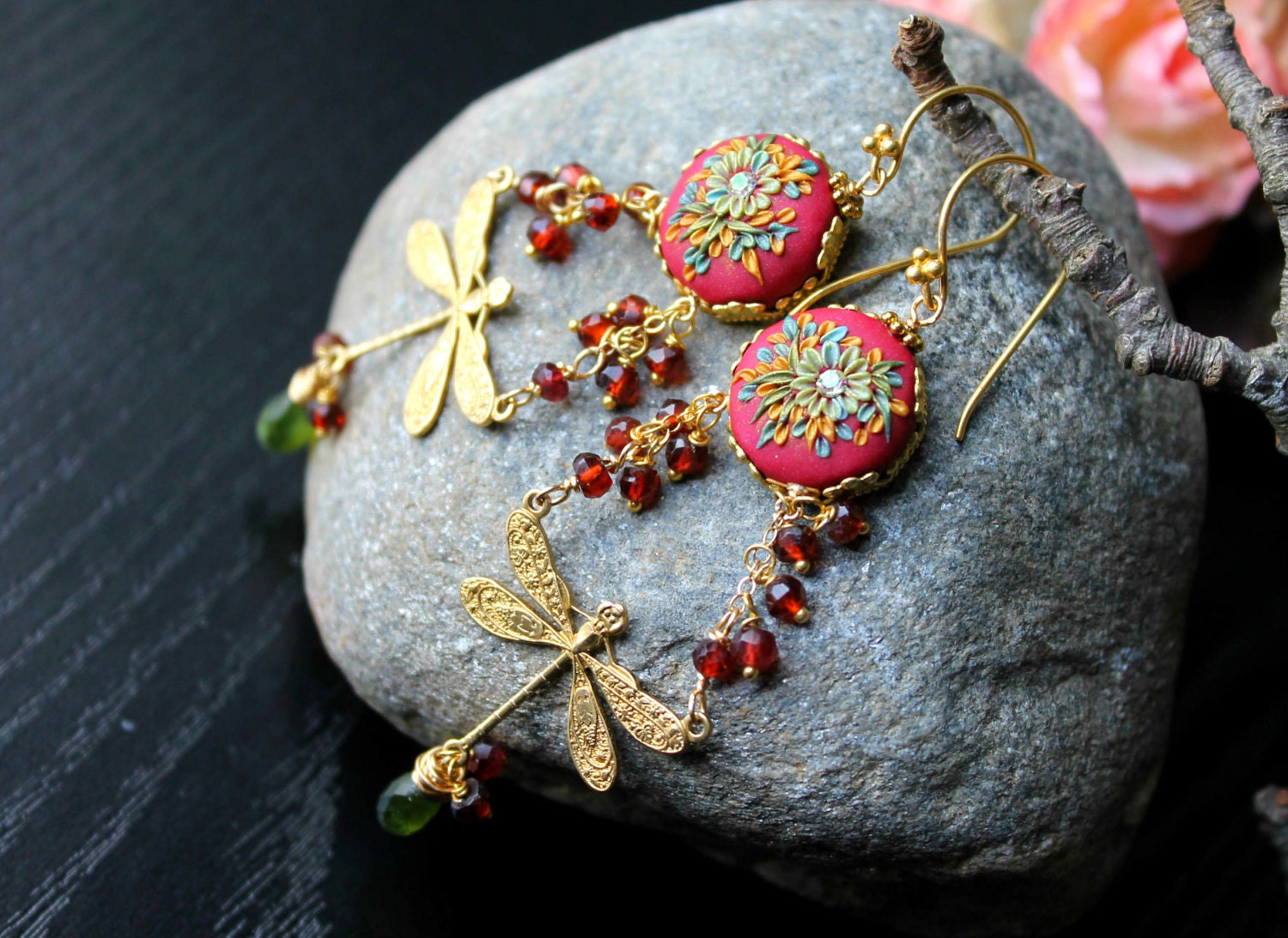 Olivine Vesuvianite, Pyrope Garnet,dragonfly polymer clay gemstone earrings with clay floral beads in gold fill and brass - In the garden