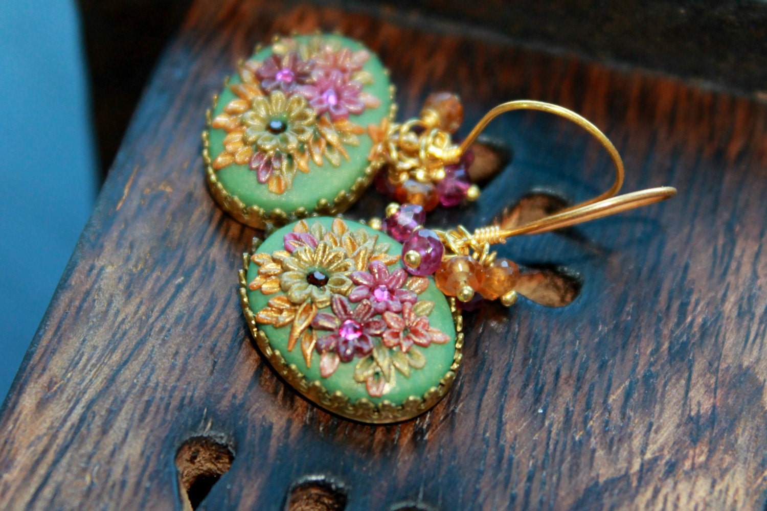 Petite version -Hessonite, Rhodolite garnet earrings with clay accents in 24k vermeil - On Our Way to a Summer Soiree