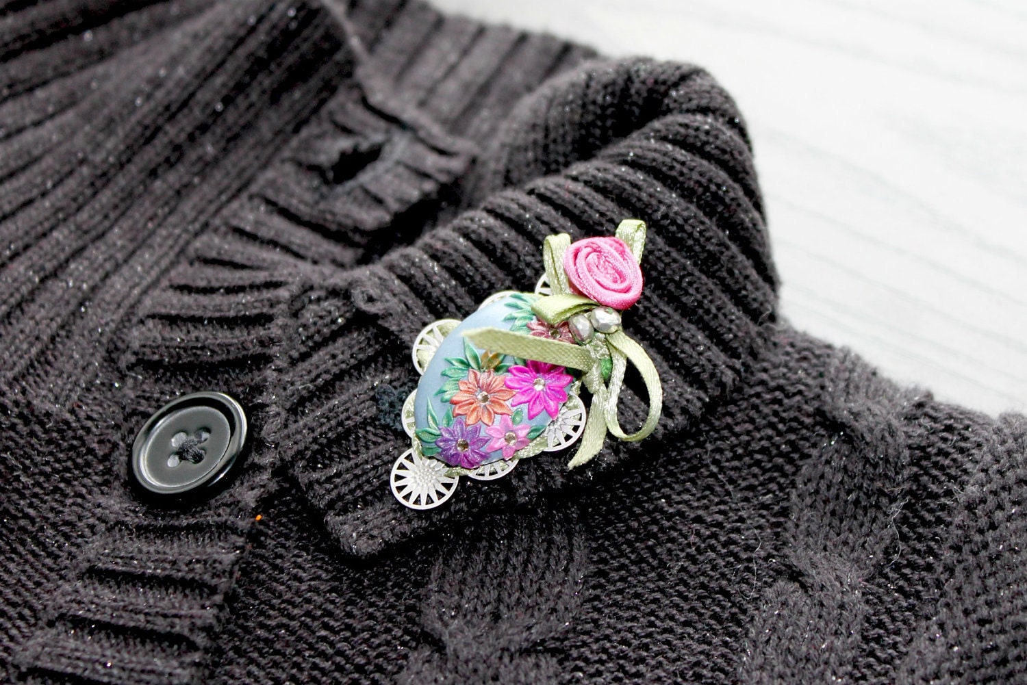 Mothers day gift - Multicolor floral silver brooch/pendant with swarowski rhinestone accents and satin lace - She wore Daisies