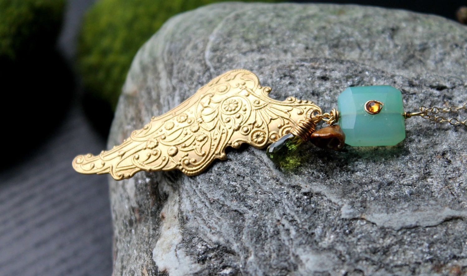Lovely Long Wing stamping with Vesuvianite, keishi pearl and glowing aqua blue crystal set chalcedony 14k gold fill necklace  - Fairy Moon