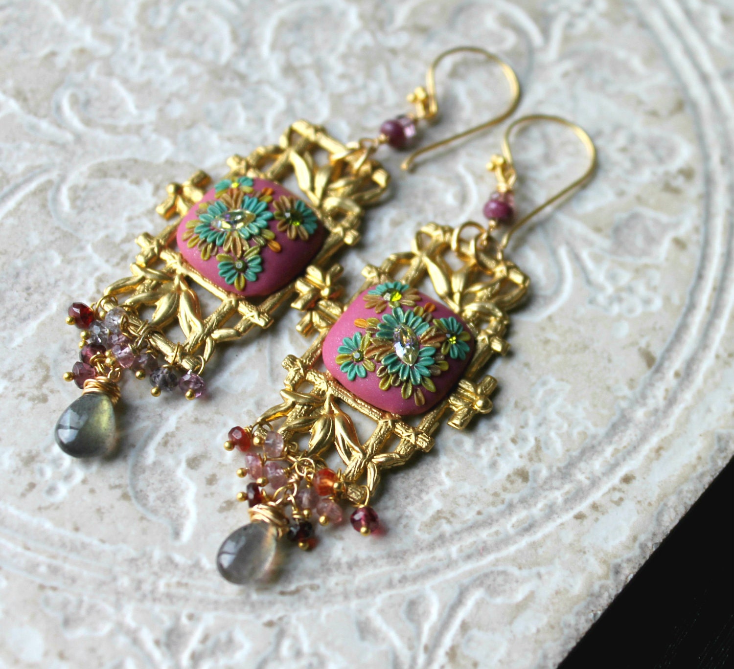 Multi Tundra Sapphire, Ruby and labradorite gemstone earrings on lovely brass finding - Clay floral earring - Chanson du printemps