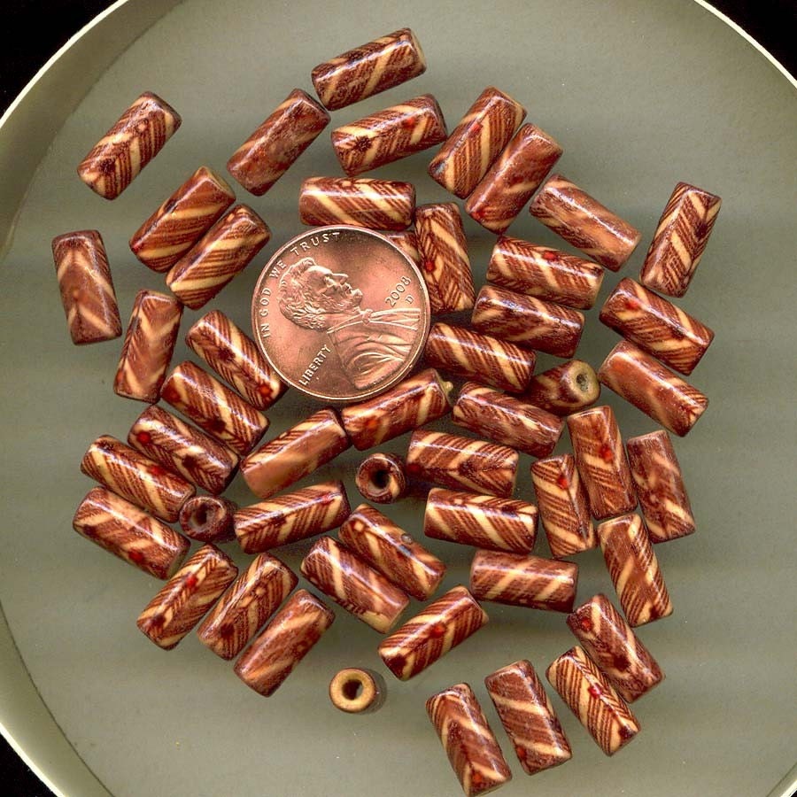 50 Wood Tube Beads, Brown, Cream, Red Diagonal, Feather Pattern, Arrow  - Ethnic, Tribal, Primitive, Folk art, Rustic