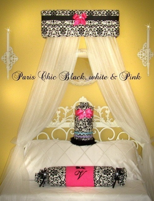 Bed Canopy Princess Crown Paris DAMASK Upholstered Black White Hot pink BOW SaLe