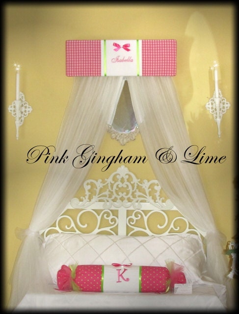 Girls Bed Canopy Princess CROWN Embroidered FrEe Monogram Gingham Hot Pink Lime SALE