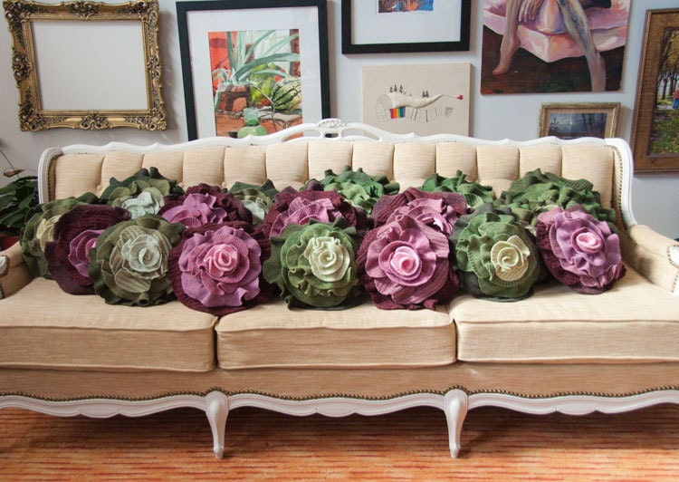 Plum Ombre Ruffle Rose Pillow - Small: made of recycled wool knits