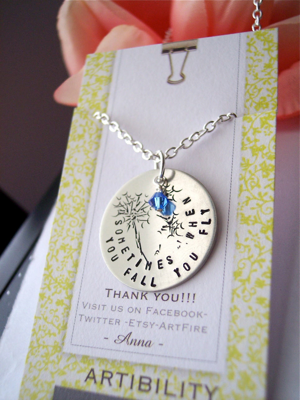 When you fall You Fly Dandelion handstamped necklace - silver