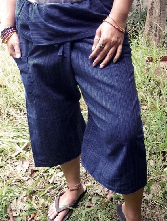 Striped Dark NAVY blue CoTToN THAI Fisherman Wrap Pants PERFECT for All Size ......3/4 Length