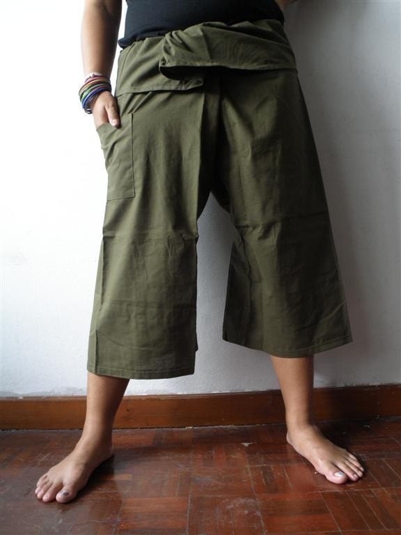GREEN Cotton THAI Fisherman Wrap Pants PERFECT for All Size ......3/4 Length