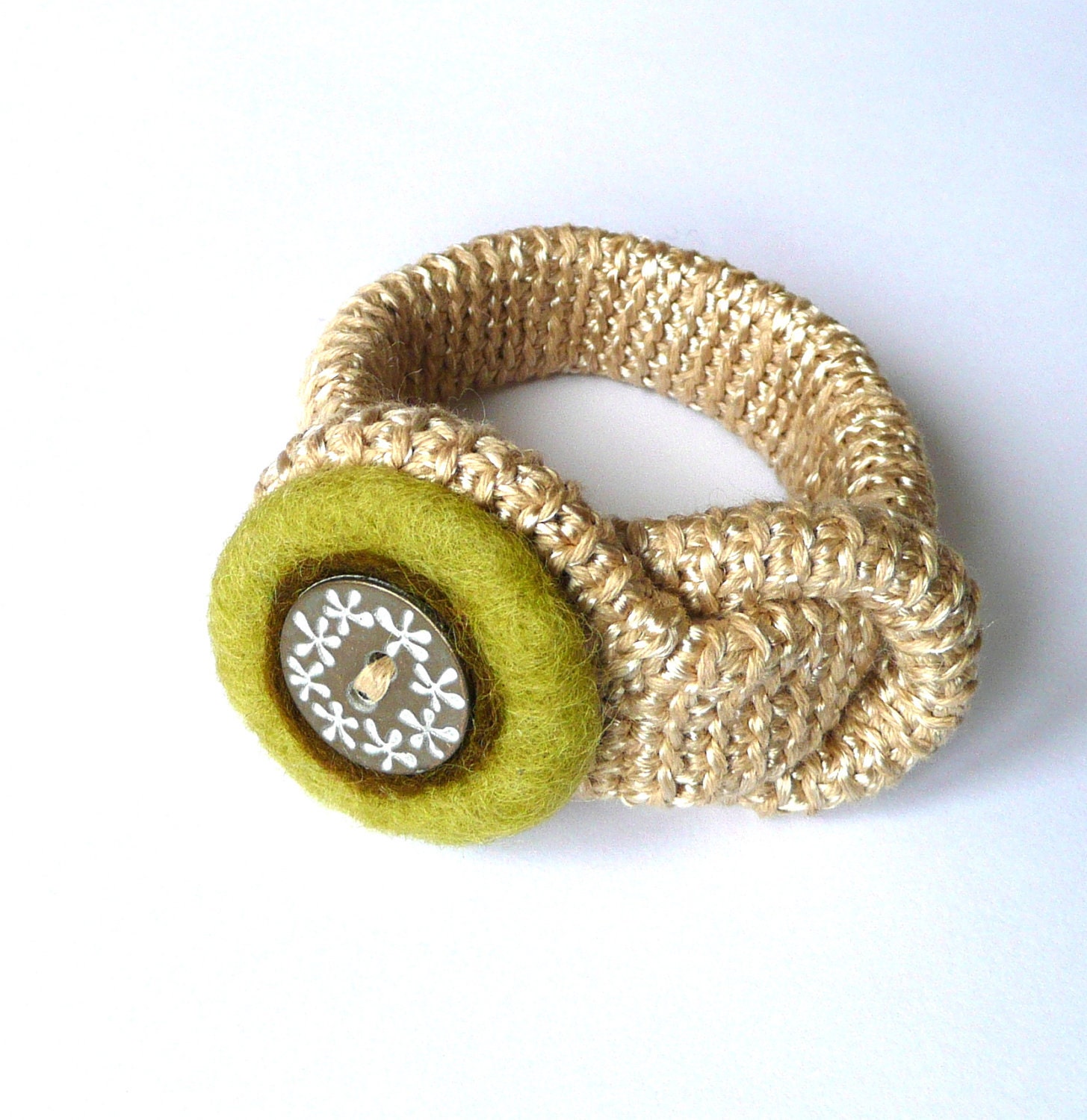 Crochet felted bracelet with button boho bangle cuff Mustard olive felt wool spring handmade Birthday gift for her Mother Easter