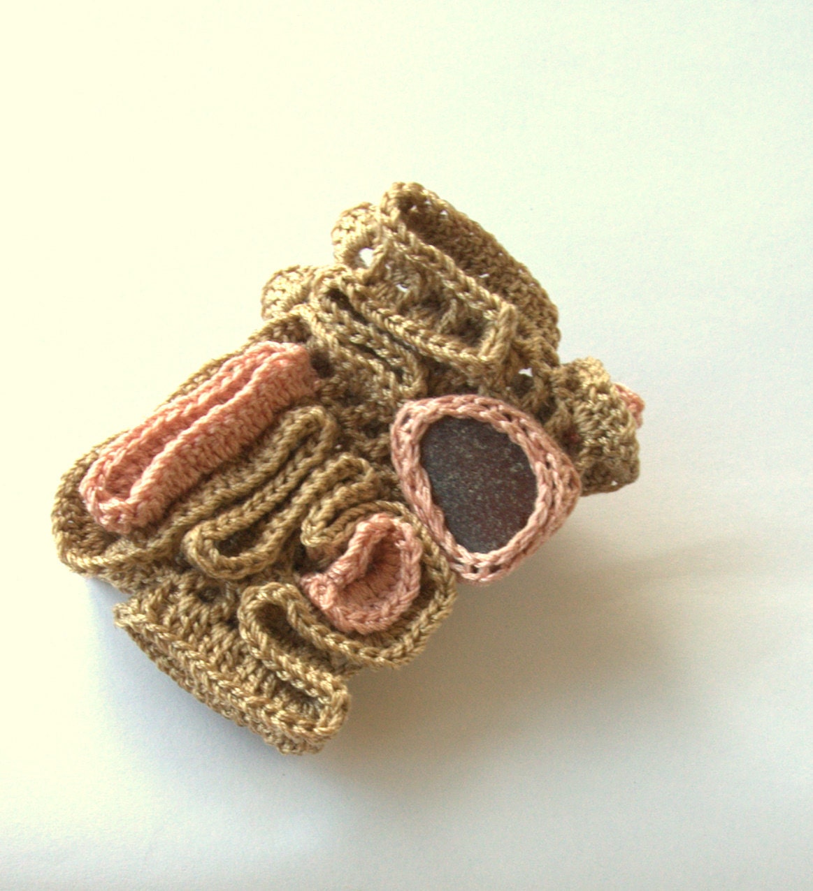Textile Crochet bracelet with brown sea glass Beige pink cuff bangle  handmade Birthday gift for her Mum Mother's day ooak pastel