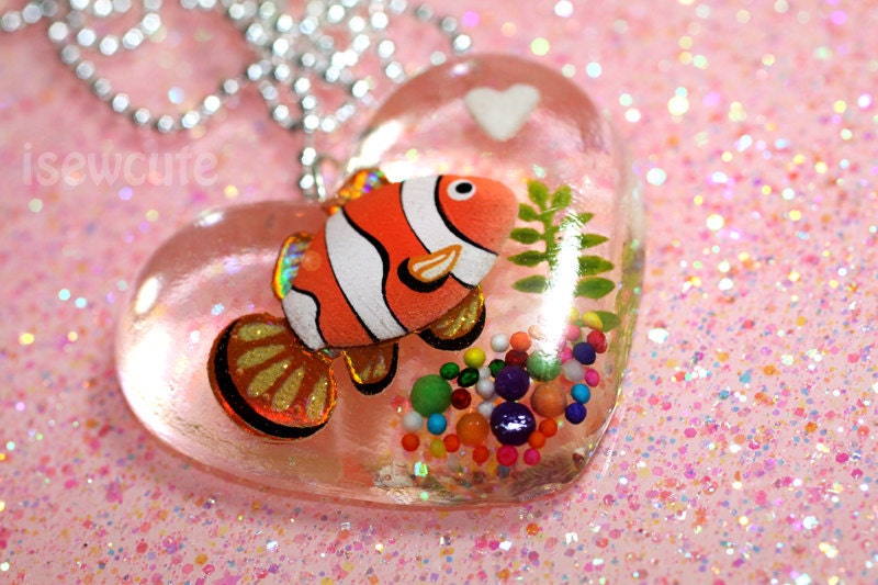 Clown Fish in Heart Shape Bowl Necklace Handmade from Clear Resin & Sprinkles...  by isewcute