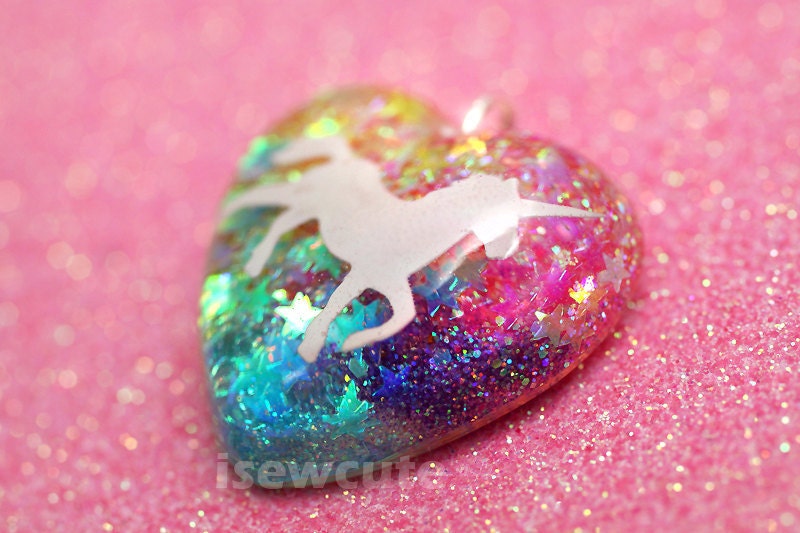 Unicorns & Rainbows Necklace... sparkly heart resin glitter pendant necklace with pink chain included by isewcute