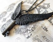 Steampunk necklace for men large black wings extra large key mens necklace antique adorned key jewelry