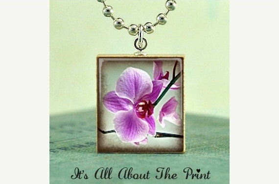 Scrabble Tile Art Pendant -Beautiful Orchid- Scrabble Jewelry Charm- Free Silver Ball Chain Necklace