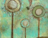 Sunflowers on Saturn...5 x 7 print...from original mixed media  painting and collage by Kandy Myny Hummingbird Flowers blue Green