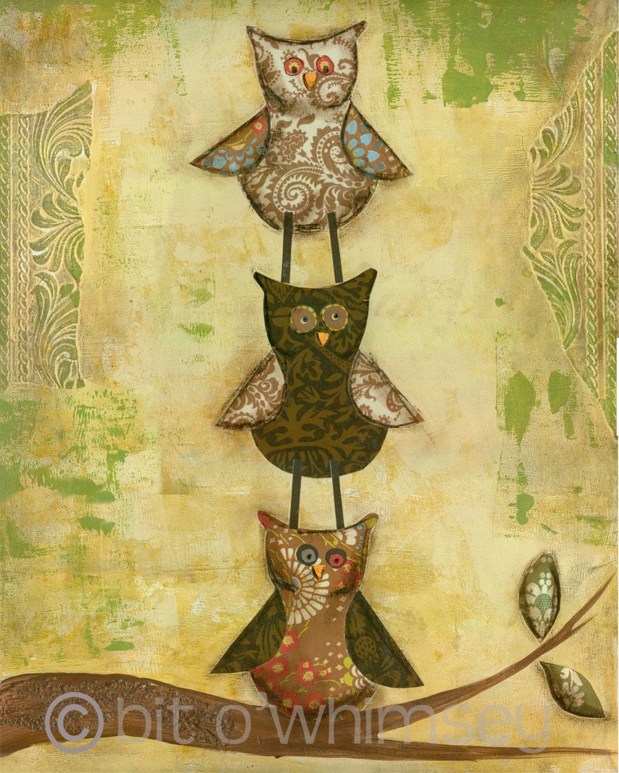 Three's company...8x 10 print...from original mixed media painting and collage...owls Yellow Three