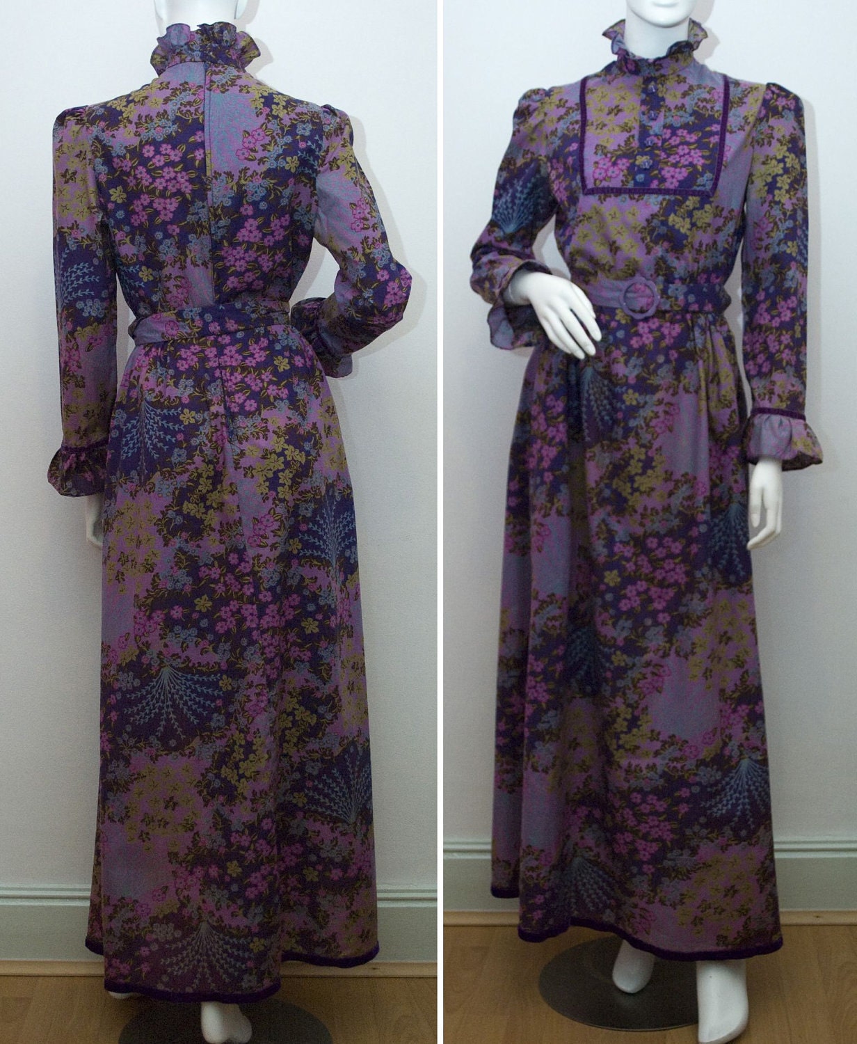 Vintage Dress DOLLYROCKERS Designer Dress 70s Purple Long Floral Maxi Boutique Label Medium 1970s