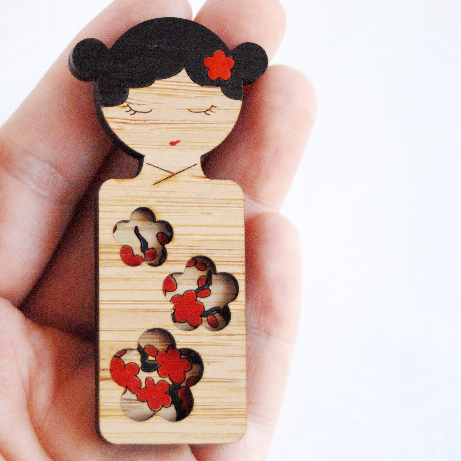 Kokeshi Brooch - Hand Painted Sakura