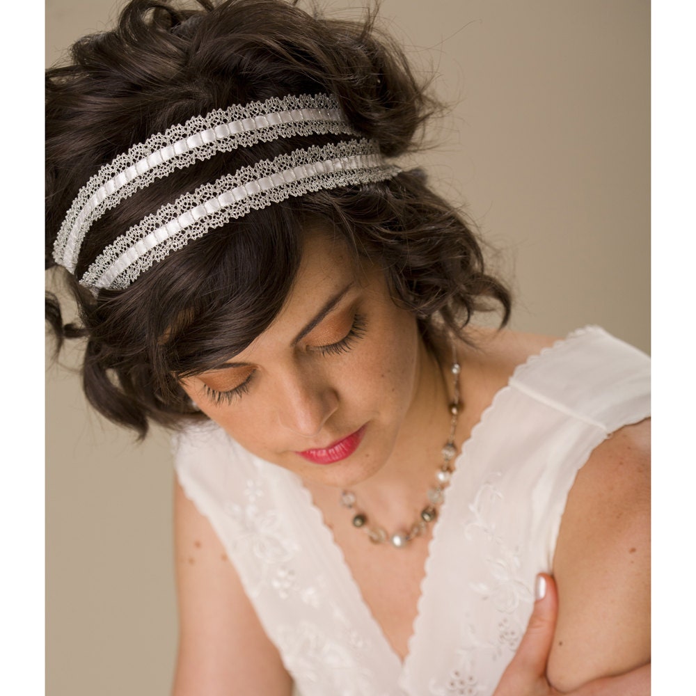 Double Silver Lace Ribbon Tie Headband / Bridal wedding head piece