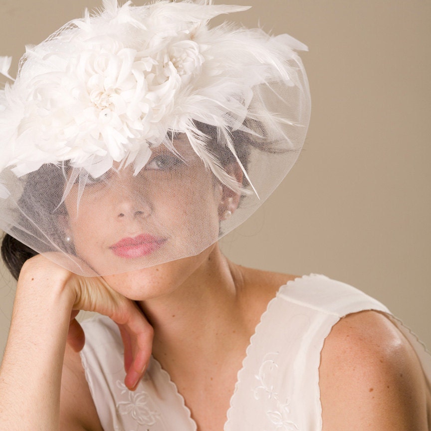 Jazz Age Bridal Hat - Birdcage Veil Feather Brim