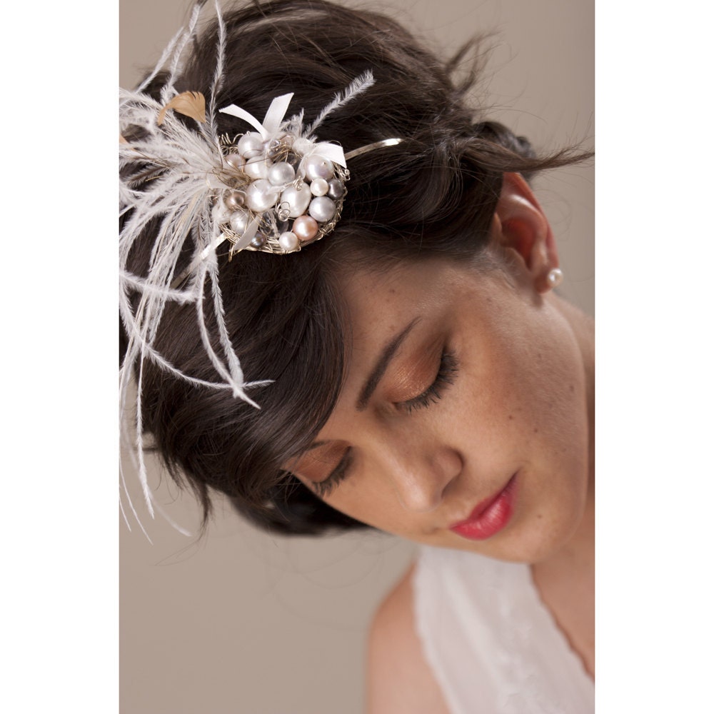 Bridal Hair Piece Robins Nest Feather Pearl Fascinator