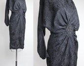 70s vintage DRAPED DOLMAN party dress // vintage lbd with soutache applique / S - M