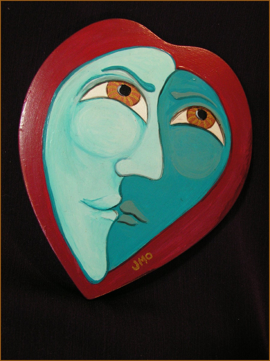 Handcrafted Wood Mirror Hand Painted Jewel Tone Magical Moon Face Hardwood Pocket Mirror
