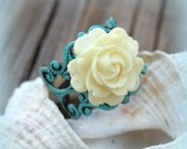 Ivory Rose on a Patina Filigree Ring