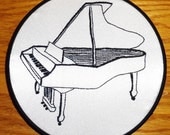 Grand Piano - 8"  Hand Embroidered Fiber Art Wall Hanging - Black on White - Musical Instrument - High Society Piano - gifts under 25