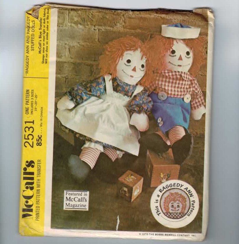 1970s Vintage Sewing Pattern McCalls 2531 Raggey Ann Andy Rag Doll Boy Girl Retro 15 20 25 Inch UNCUT 70s 1970