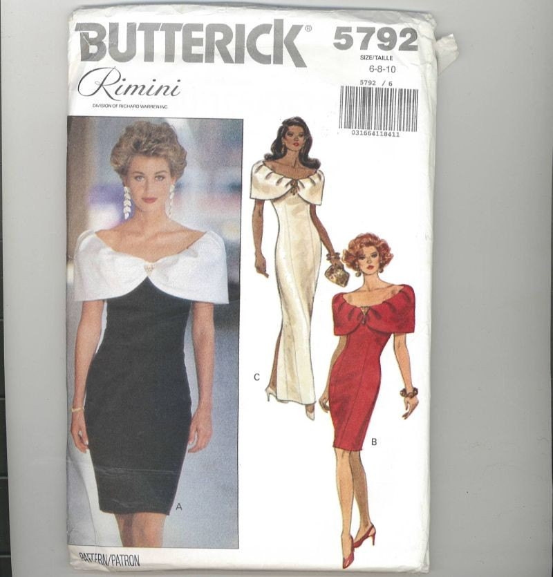 1990s Vintage Sewing Pattern Butterick 5792 Off Shoulder Evening Cocktail Gown Dress Rimini Designer Size 6 8 10 Bust 30 31 32 1/2 1991 90s