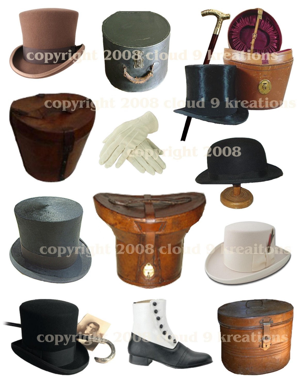 Victorian Men's Hats, Hat Boxes and Accessories Digital Collage Sheet