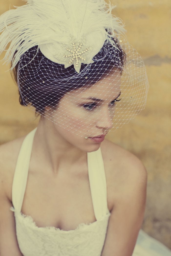 Weddings, Ivory Birdcage Veil, Bridal Hat, Feather Fascinator, Silver Screen Star, Batcakes Couture