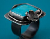 ON SALE: Turquoise Ring adorned with a sweet flower blossom in sterling silver-Ready to Ship