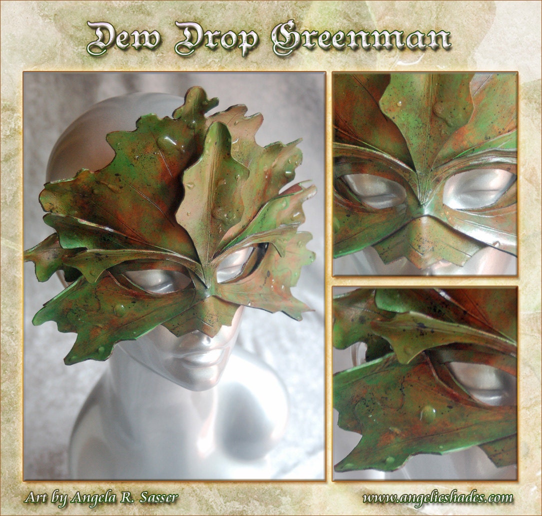 MADE TO ORDER - Dew Drop Green Man Leather Mask - angelicshades