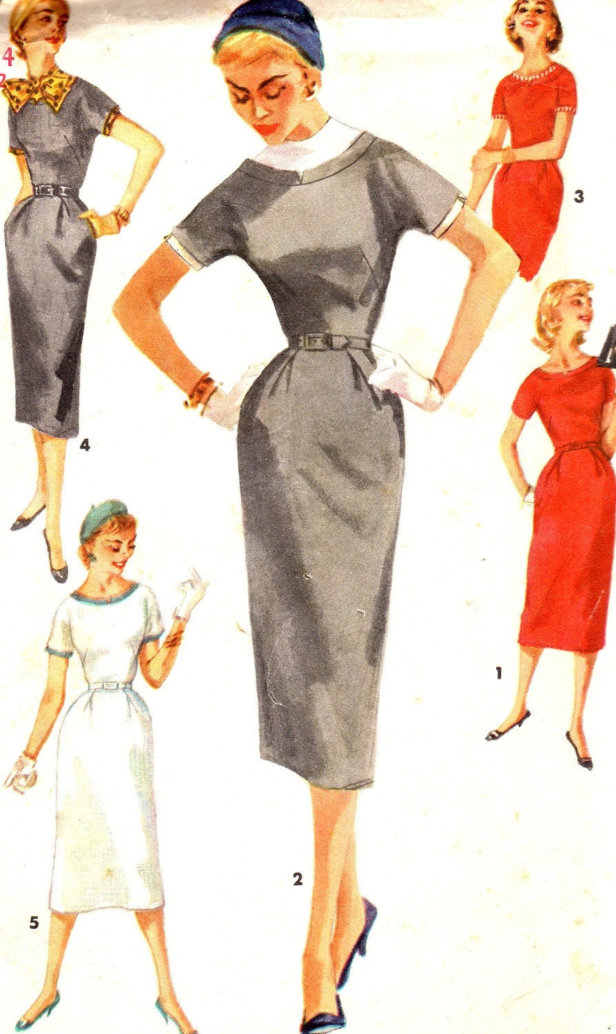 1950s Dress Pattern Simplicity 1410 Sheath Dress Detachable Neck Trim and Cuffs Womens Vintage Sewing Pattern Bust 32