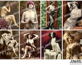 NAUGHTY NUDES - Digital Printable Collage Sheet - Vintage French Nudes, Burlesque Flappers & Gypsy Boudoir Portraits, ATC, Instant Download