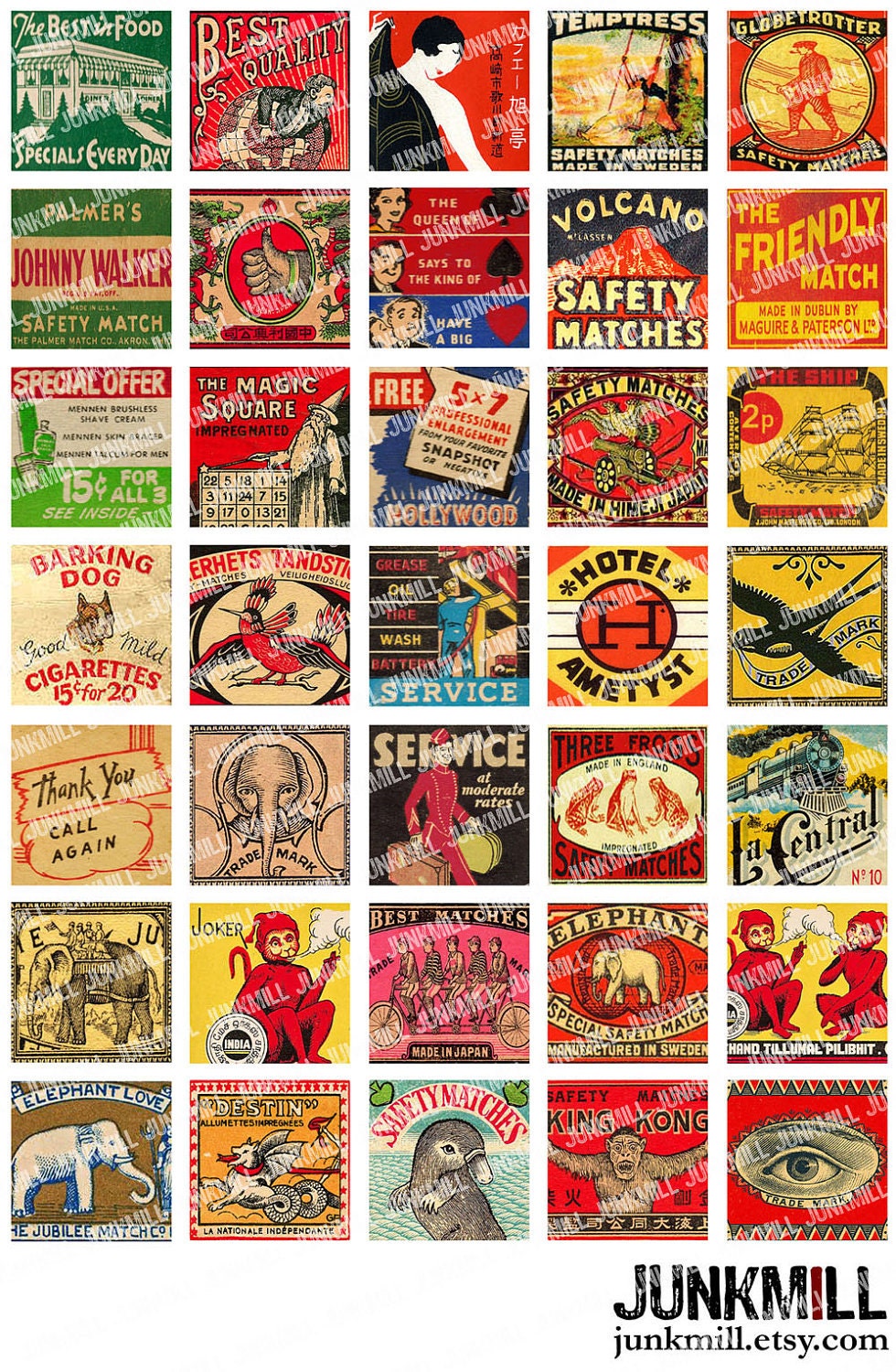 MATCHBOX MEDLEY - Digital Printable Collage Sheet - Vintage 1920s Matchbox Label Sampler, 1" Square or Scrabble Tile, Instant Download