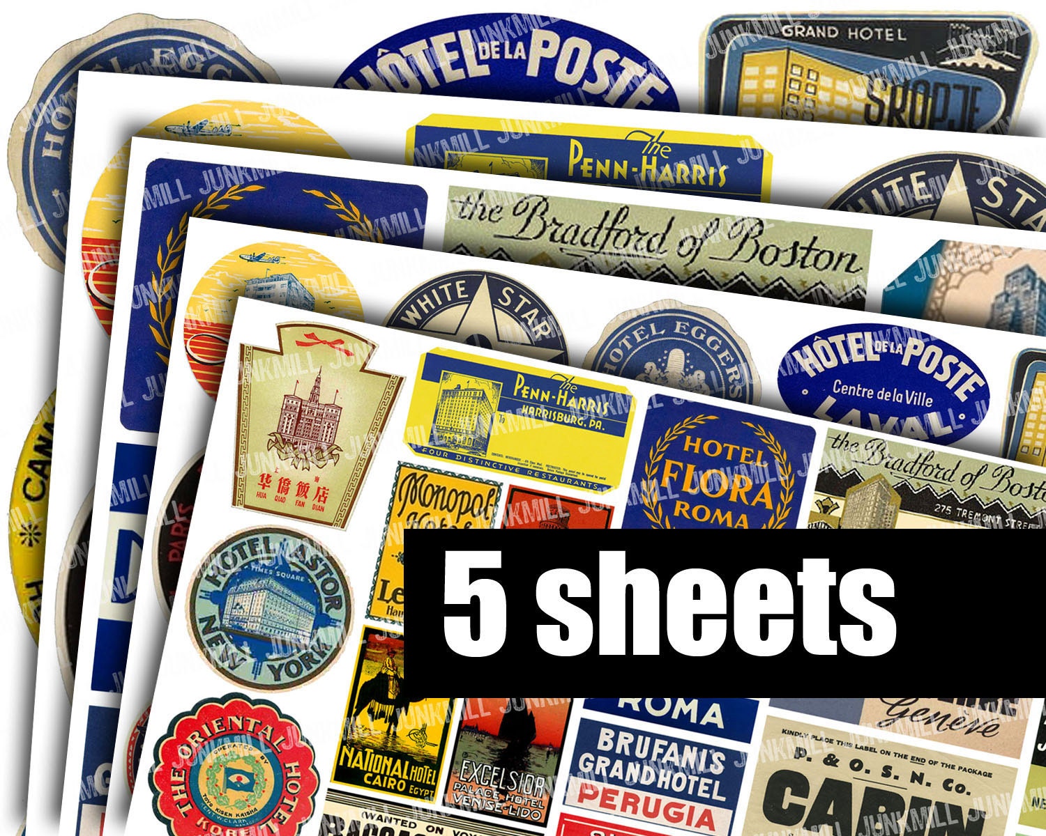 STEAMTRUNK LABELS - 5 Digital Printable Collage Sheets - Vintage Luggage Labels, Souvenir Travel Labels from Europe, Instant Download