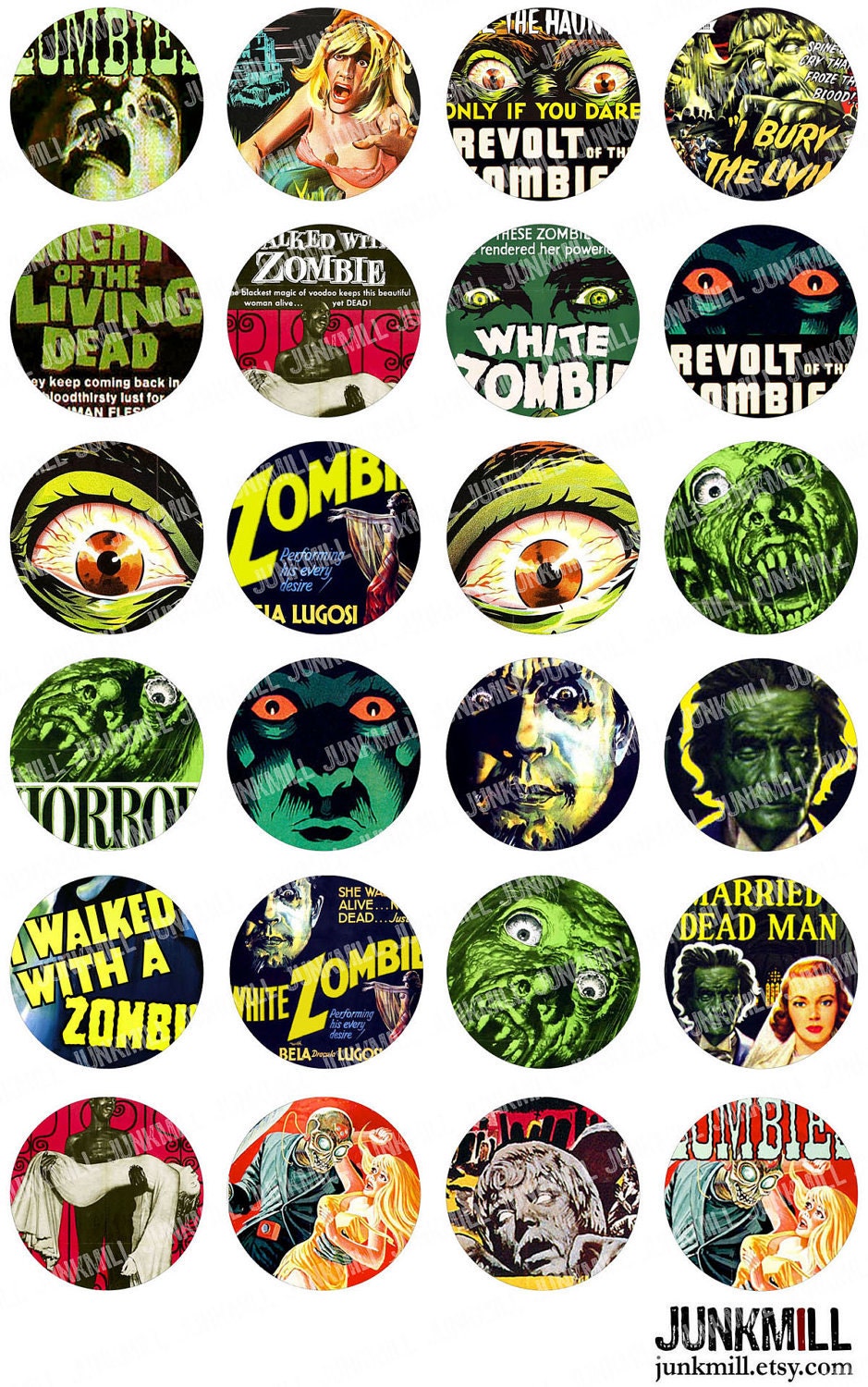 ZoMBiES - Digital Printable Collage Sheet - Retro B-Movie Horror Posters, Cult Classic Films, Halloween, 1" Circles, 25 mm, Instant Download