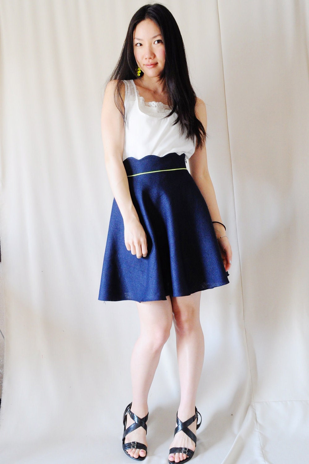 Navy Blue Scallop Waist Skirt with Neon Piping - High Waisted, Half Circle Skirt - S