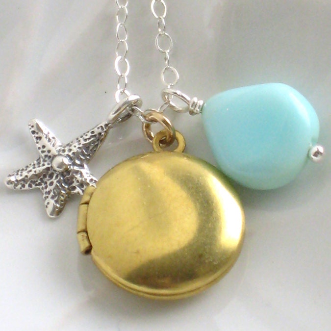 On The Beach Necklace - Brass Locket, Peruvian Opal drop and Starfish Charm in Sterling Silver