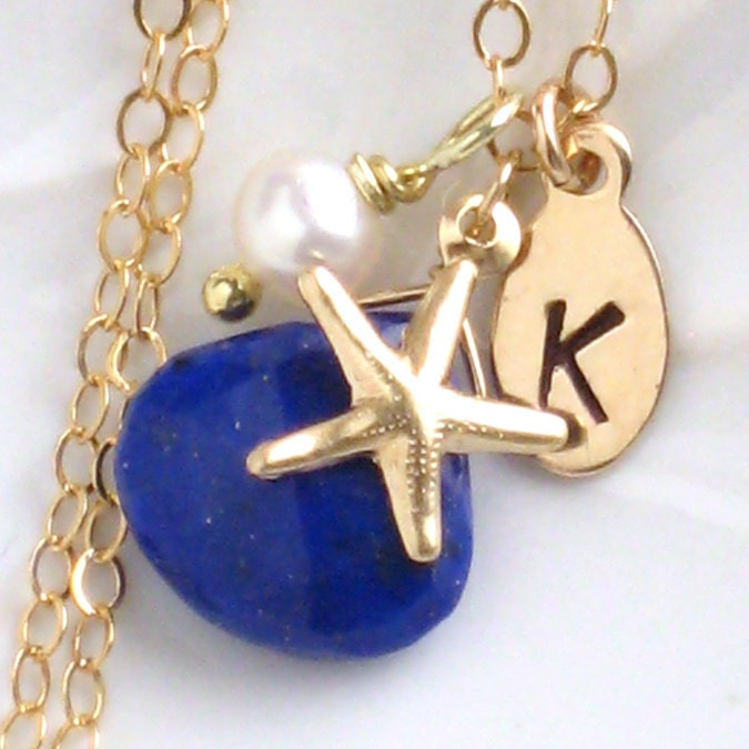 Starfish & Blue Lapis Necklace in Gold fill, Pearl drop and Initial Tag, Beach Jewelry, Beach Wedding, Lapis Lazuli, Personalized Necklace