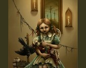 Creepy Little Girl with Doll and Bird Art Print - 18 x 24 " - "A Gathering on Sunday"