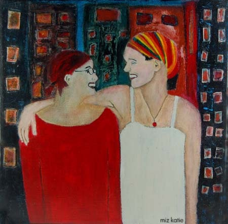 Acrylic Mixed Media Portrait Painting - Original, Best Friends, two girls, cityscape, kerchief, glasses 12x12