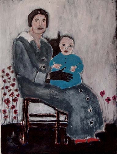 Acrylic Portrait Painting Whimsical Mother and Baby Boy Family Vintage look 9x12 canvas