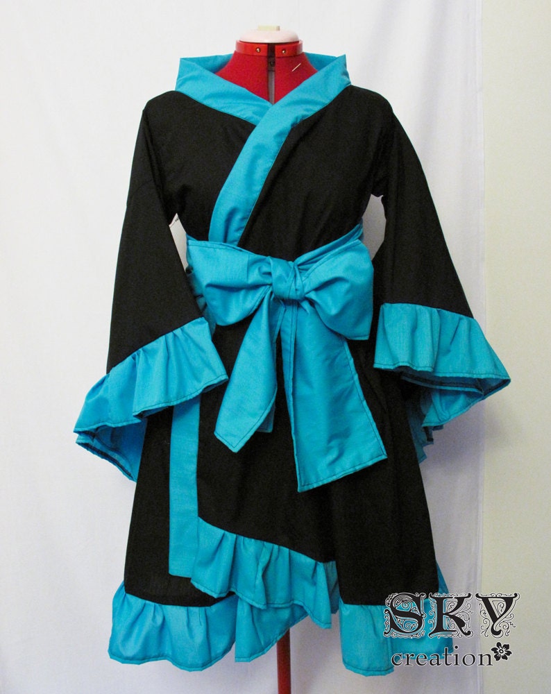 Custom Black X Teal Kimono Dress with Ruffles and Descending Hem