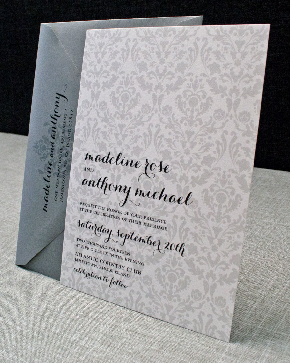 Gray Damask Wedding Invitation (Sample)