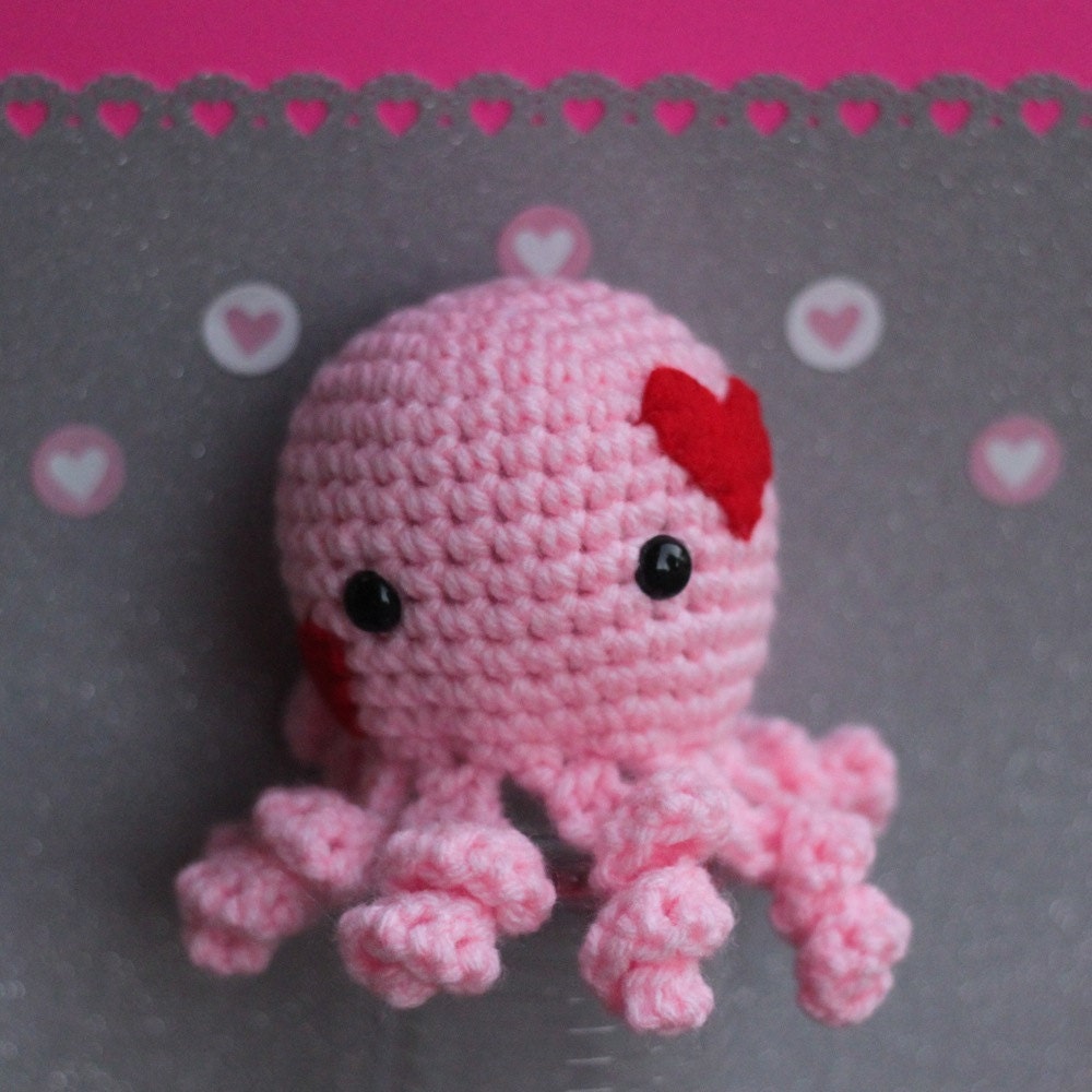 Valentine's Day Pink Amigurumi Octopus Stuffed Animal with Red Hearts